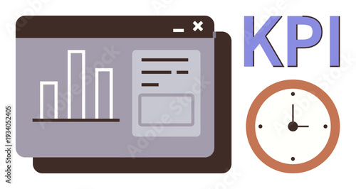Business management, performance tracking, data reporting, time efficiency, goal setting, analytics. Bar chart and clock icon with KPI text. Business management and performance tracking concept