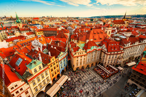 Prague, Czech Republic. Top view. Houses with red roofs in Prague Old Town Square in the Czech Republic. Picturesque view of the roofs of ancient houses in Prague
