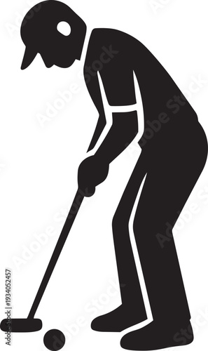 Focused golfer using putter club to hit ball into hole on green silhouette vector icon illustration