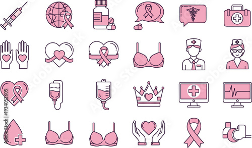  Breast cancer awareness and female healthcare icon set featuring pink ribbons, medical oncology treatment, nursing staff, mammogram equipment, self-examination symbols, and chemotherapy health care e