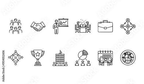 A set of business icons in a minimal line art style