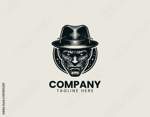 Horror style scarred man wearing fedora black vector logo illustration isolated on white background