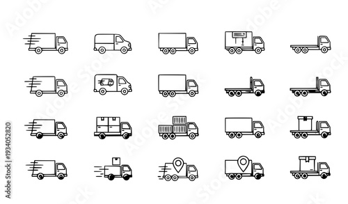 A set of minimalist line art truck icons for logistics and transportation design
