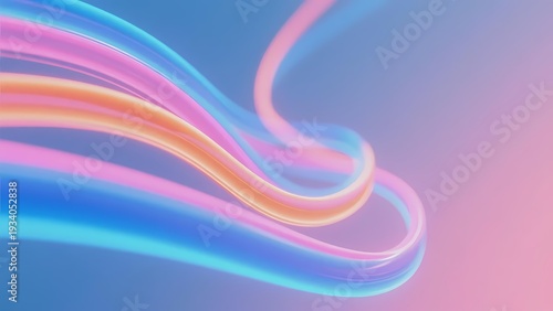 Abstract flowing ribbons with gradient colors on a soft blue and pink background