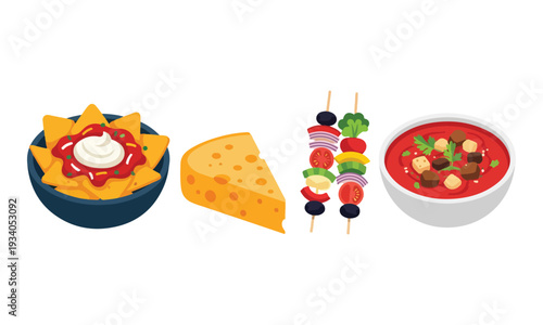 Assortment of Snacks and Dishes: Nachos, Cheese, Skewers, Soup Icons