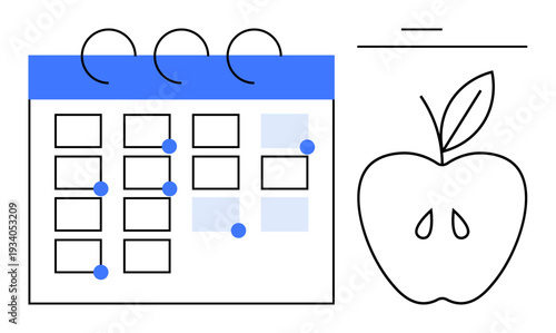 Meal planning, nutrition tracking, wellness goals, productivity, fitness schedules, health management. Minimalistic calendar and outlined apple. Meal planning and nutrition tracking concept