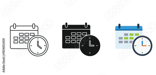 Calendar and clock icons set with different color styles for scheduling and time management