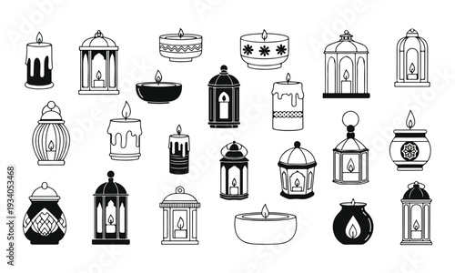 Decorative Candles and Lanterns Icon Set, Outline and Solid Styles