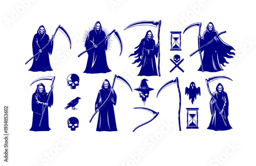 Scythe Grim Reaper Vector Set - Black Silhouette Illustrations, Death Symbol Graphics, Scythe , Reaping Tool Design Elements