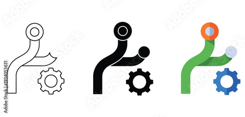 Three Colorful Gear Pipe System Diagrams With Different Styles Isolated Design