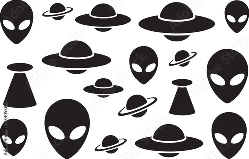 Black silhouettes of alien heads and spaceships on white background