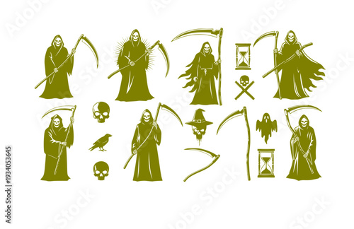 Scythe Grim Reaper Vector Set - Black Silhouette Illustrations, Death Symbol Graphics, Scythe , Reaping Tool Design Elements