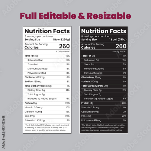 Nutrition Facts, Nutrition Facts Label Template Vector in FDA Style Vertical Food Packaging Format, Printable Nutrition Facts Panel for Food Containers