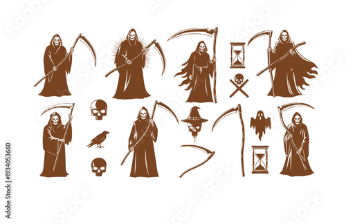 Scythe Grim Reaper Vector Set - Black Silhouette Illustrations, Death Symbol Graphics, Scythe , Reaping Tool Design Elements