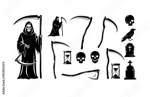Scythe Grim Reaper Vector Set - Black Silhouette Illustrations, Death Symbol Graphics, Scythe , Reaping Tool Design Elements