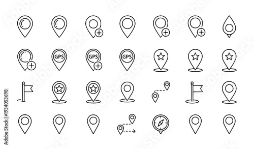 A set of minimalist map pin icons with various symbols and flags