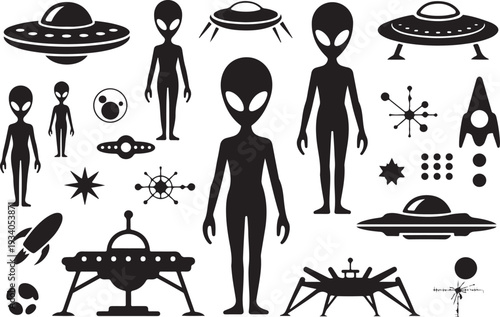 Black silhouettes of aliens and spacecraft UFOs space ships