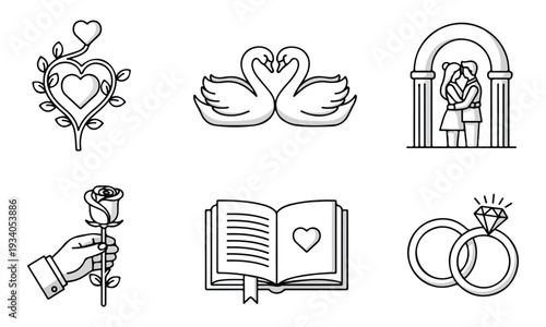 Love and Romance Line Art Icons Set with Wedding Elements