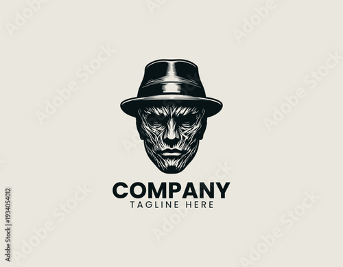 Horror style scarred man wearing fedora black vector logo illustration isolated on white background