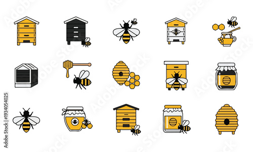 Beekeeping and Honey Flat Icons Set with Bees, Hives, Jars