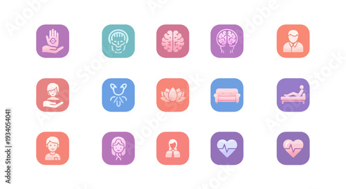 Mental health care and psychological therapy gradient icon set, counseling and emotional wellness symbols