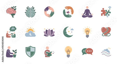 Mental health and psychology icons set for wellness, therapy and emotional balance