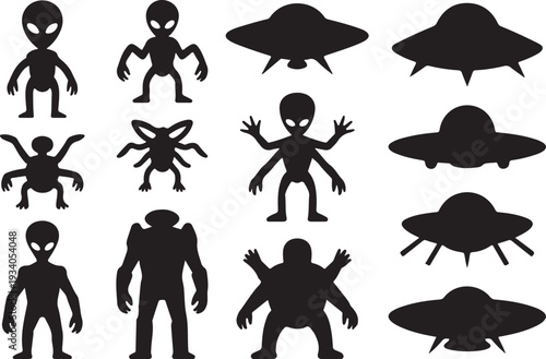 Black silhouettes of aliens and spaceships on white background