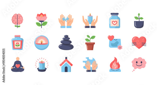 Mental Health and Wellness Icon Set for Self-Care, Meditation, and Psychology