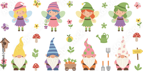 Cute Garden Gnomes and Fairies Cartoon Vector Illustration Set with Mushrooms Flowers and Tools