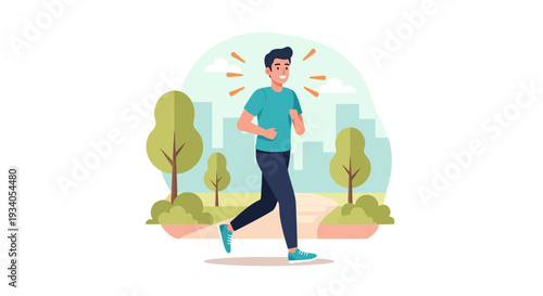 Energetic Man Jogging in Urban Park. Morning Run, Healthy Lifestyle, Fitness Exercise Vector Flat Illustration.