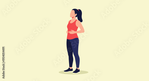 Woman Holding Stomach Illustration: Abdominal Pain, Digestive Issues, Bloating, Cramps, and Deep Breathing Exercise. Modern Flat Vector Graphic.