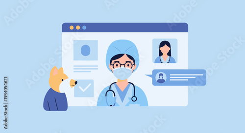 Digital Veterinary Telemedicine: Online Pet Consultation with Female Vet Doctor via Video Call Platform. Remote Animal Health Care Illustration.