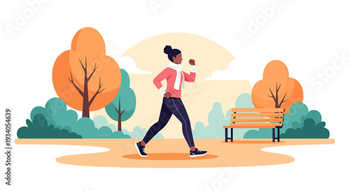 Active Black Woman Jogging in Autumn Park. Flat Vector Illustration of Outdoor Fitness, Exercise, and Healthy Lifestyle.