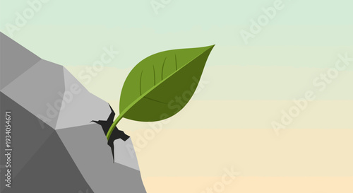Resilience Concept: Green Sprout Leaf Breaking Through Geometric Rock Crack. New Life, Strength, and Persistence.