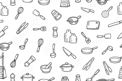 Seamless pattern featuring various kitchen utensils in a vector illustration. Includes whisks, spatulas, knives, and pans arranged in a black and white doodle style.