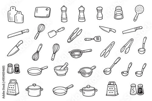 Kitchen utensils vector illustration displays a variety of essential cooking tools and equipment including knives, spatulas, graters, and more, ideal for culinary designs and educational materials.