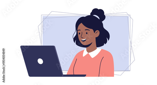 Smiling diverse young woman working on laptop. Flat vector illustration of remote worker, student, or programmer using technology.