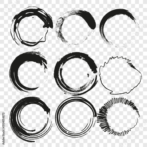 Zen circles set. Ink brush Vector. Black enso icons. Spiritual meditation artistic shapes.