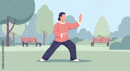 Flat Vector Illustration of a Person Practicing Tai Chi Qigong in a City Park for Balance, Meditation, and Wellness