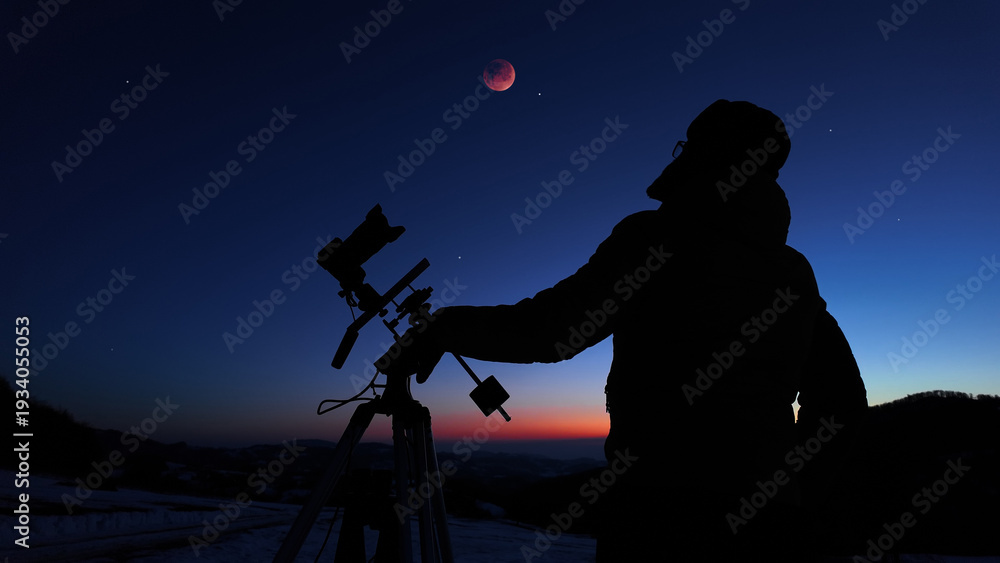 Fototapeta premium Amateur astronomer observing stars, planets, Moon eclipse and other celestial objects.