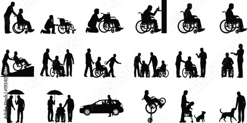 Wheelchair assistance and accessibility silhouettes set, disabled people support activities isolated on white background, inclusive vector illustration collection