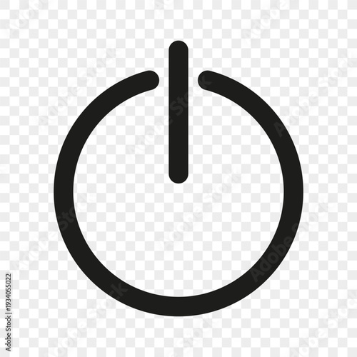 Power button icon. Universal shutdown symbol. Circular black Vector. System switch element. Transparent grid pattern area.
