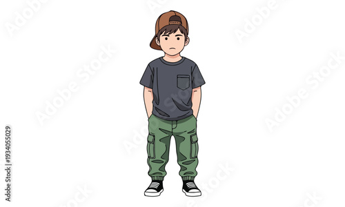 Cartoon boy wearing backward cap and casual clothes, standing with hands in pockets