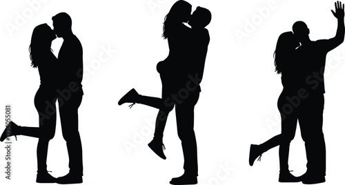 WebCouple silhouette collection featuring romantic lovers kissing, hugging, and lifting in air isolated on white background for valentines day and romance