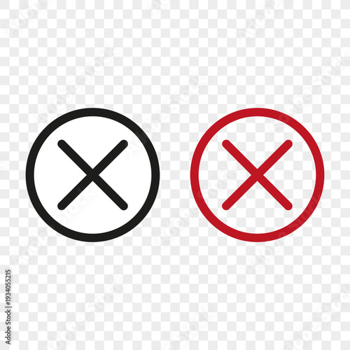 Closing cross set. Cancellation delete icons. Exit error Vector. Black red circular elements. Transparent grid pattern.