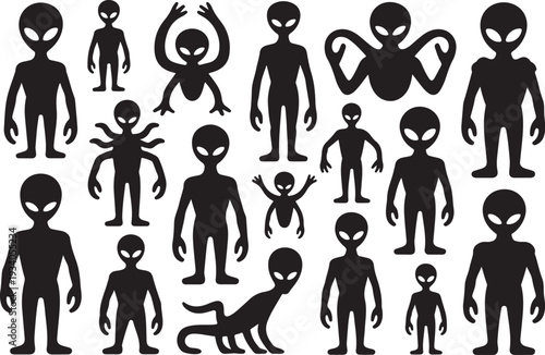Black silhouettes of various alien creatures and humanoid figures