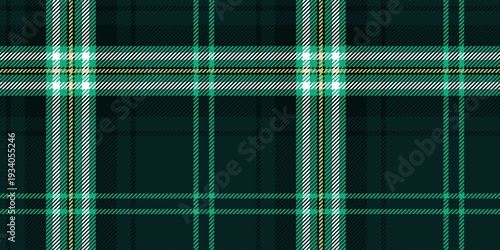 Scottish tartan in emerald and dark green with intersecting light lines. Classic and traditional style. Vector background. Close-up.