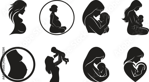 Collection of black silhouettes depicting pregnant women and mothers holding or breastfeeding babies, symbolizing motherhood and care.