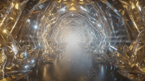 Golden crystal tunnel with glowing light and reflective sparkling geometric shapes corridor interior