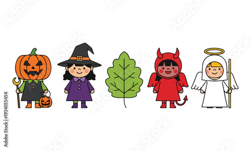 Cartoon Halloween Kids in Costumes with Green Leaf